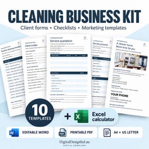 Puede incluir: Un kit para negocio de limpieza que incluye múltiples plantillas de documentos como una lista de verificación, formulario de admisión de clientes, cotización de servicio y lista de precios. Incluye 10 plantillas, calculadora Excel, en formatos Word, PDF, A4 y US Letter.
