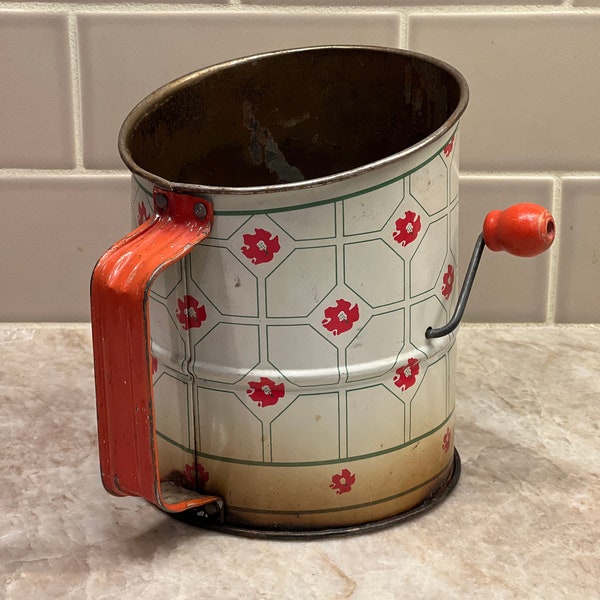 Vintage Metal Flour Sifter with Red Floral Design and Handle Farmhouse Style