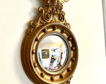 Vintage 1950s or 60s Turner bull's eye Fashion Plate Convex Mirror with ornate gold eagle composite frame - Americana