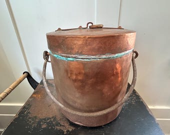 Antique Copper Trade Bucket with Lid | 1800s Dovetail Copper Pot | Primitive French Country Ice Bucket | Rustic Farmhouse Storage Container