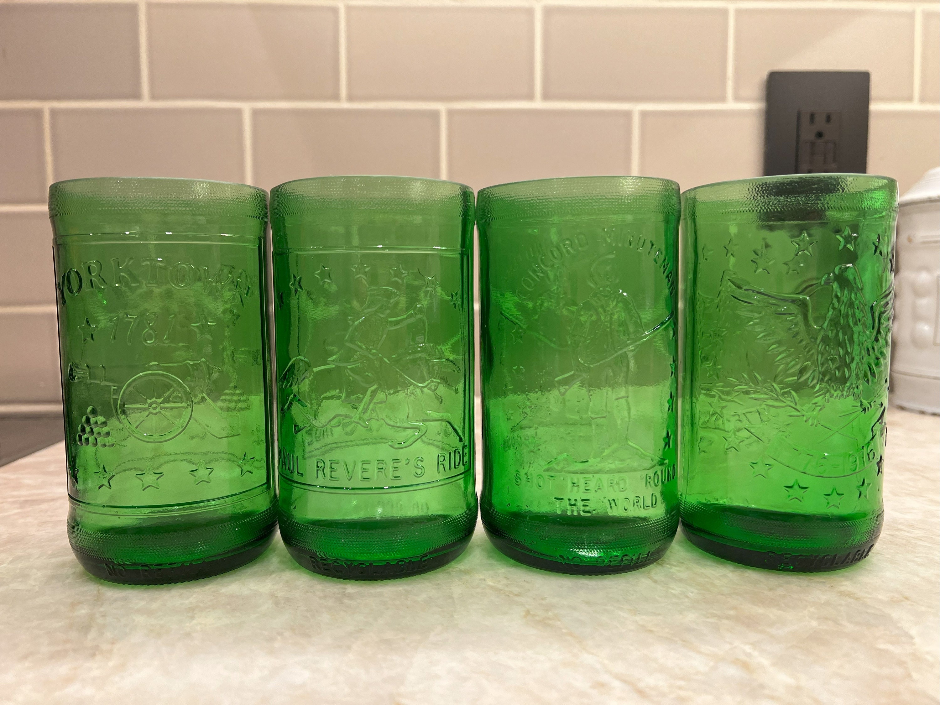 7UP 1776-1976 Bicentennial Embossed Green 16 oz Glass Bottles Flag/Bell 2  No Cap