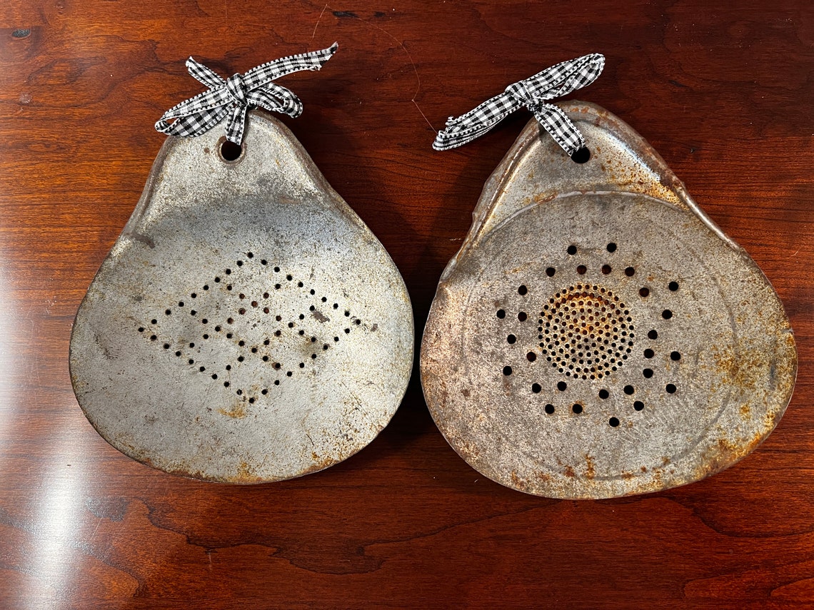 Antique Set of 2 Primitive Tin Milk Strainer or Dairy Skimmer image 6