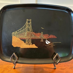 Vintage Black Tray w/ Wood and Brass Inlay of San Francisco Golden Gate Bridge by Couroc of Monterey - Couroc Plate - MCM Decor - Gump&#39;s