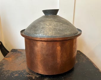 Vintage Hand-Hammered Copper Cooking Pot with Tinned Domed Lid | Rustic Greek, Turkish & Balkan Kitchen Decor