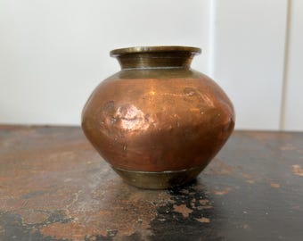 Antique Ganga Jamuna Copper & Brass Water Pot | Hand Hammered Indian Vessel | Small Vintage Metal Vase | Patina Decor Collectible