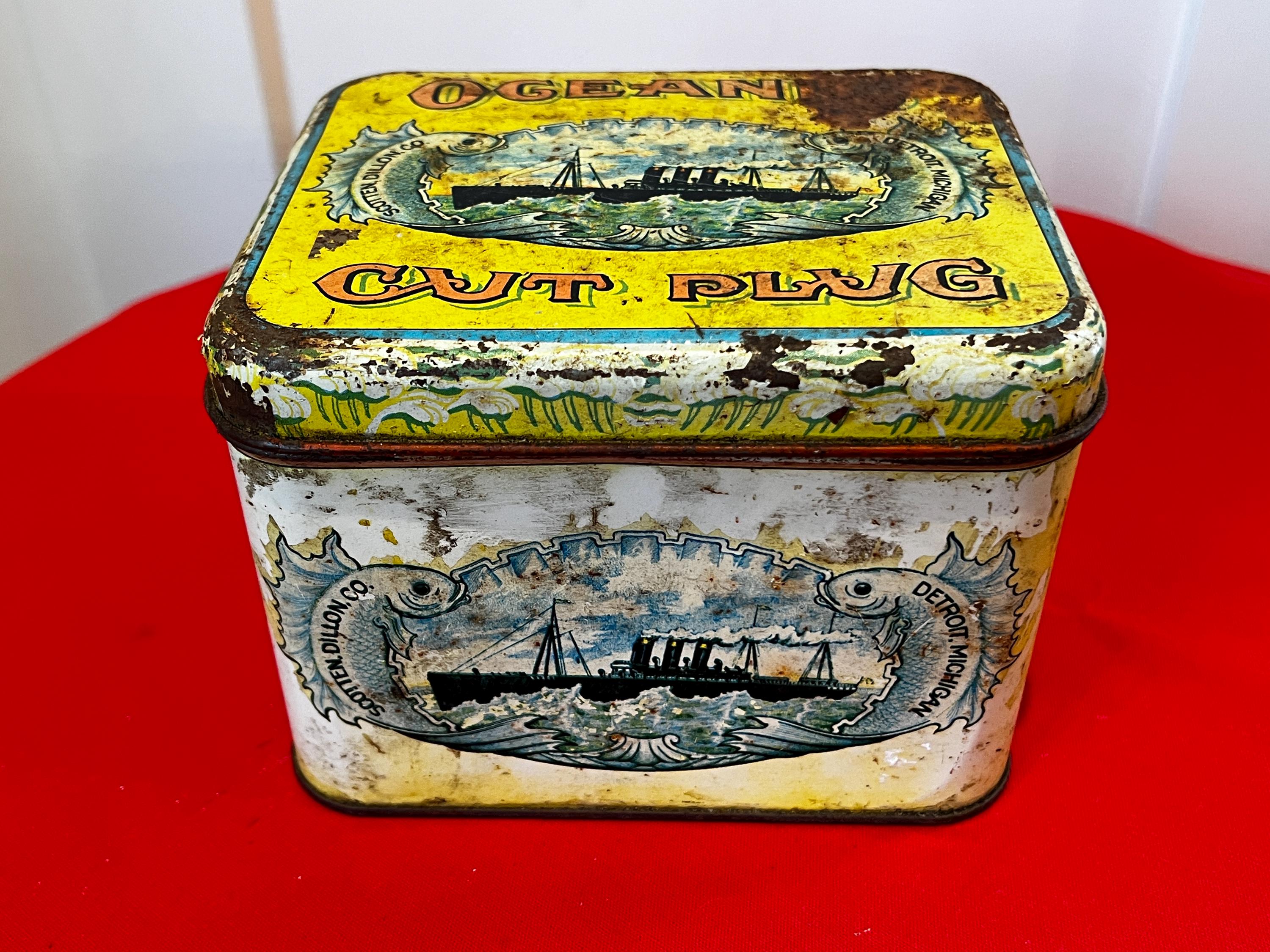 Vintage Oceanic Cut Plug Tobacco Tin by Scotten Dillon Company of Detroit  Michigan - Tobacciana Collectible Tin