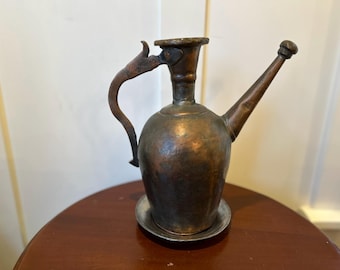 Antique Middle Eastern or Turkish Tinned Copper Ewer or Pitcher or Aftaba with Plate - farmhouse decor