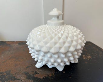 Vintage 1970s Fenton White Milk Glass Candy Dish with Lid | Authentic Stamped Fenton Diamond Point Sawtooth Covered Dish