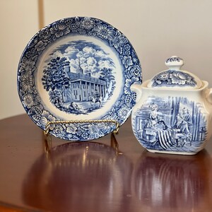 Vintage Staffordshire Ironstone Liberty Blue Historic Colonial Scenes Mount Vernon Cereal Bowl and Betsy Ross Sugar Bowl w/ Lid Set