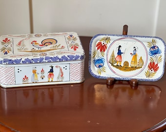 Vintage Henriot Quimper France Faiencerie d'Art Breton Biscuit Tin and HB Henriot small tray Massilly France - French Decor