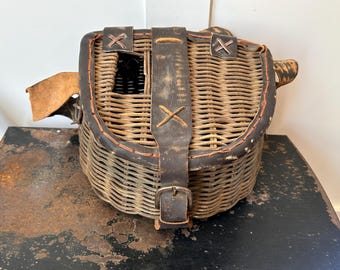 Vintage Wicker and Leather Fishing Creel or Fly-Fishing Basket with Leather - Split Reed Style— Cabin or Lodge Decor