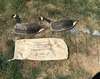 Vintage Johnson’s Folding Goose Decoys with Original Canvas Bag | Set of 2 1940s Canada Goose Hunting Decoys | Vintage Hunting Lodge Decor