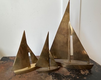 Vintage Set of 3 MCM Brass Sailboats - Nautical or Coastal Decor - MCM decor