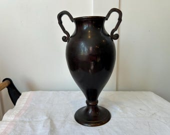 Vintage Aged Brass Trophy Urn Vase Made in India, Neoclassical Dark Patina Brass Urn, Moody Home Decor, Dark Academia Shelf Styling