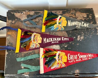 Vintage Mid-Century Travel Pennant Lot of 3 - Great Smoky Mountains, Mammoth Cave, Mackinaw City - 1950s Roadside Americana
