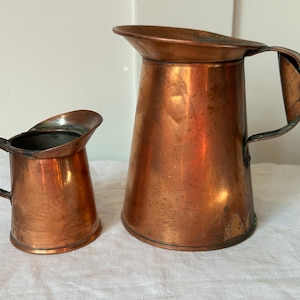 Vintage Copper Pitcher Set of 2 | Antique Copper Measures | Rustic Farmhouse Kitchen Decor | Cottagecore | Barware Decor