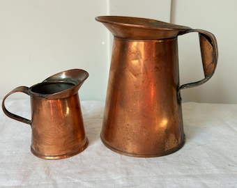 Vintage Copper Pitcher Set of 2 | Antique Copper Measures | Rustic Farmhouse Kitchen Decor | Cottagecore | Barware Decor