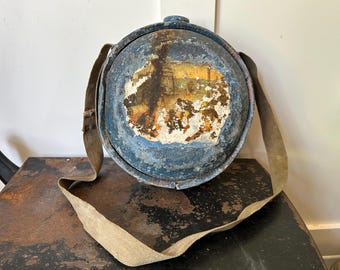 Vintage Metal USS 4 Qt Canteen with Strap with Camping Scene — Vintage Rustic Cabin or Lodge Decor