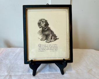 Vintage Buzza Company Dog Print, Antique Friendship Motto Art, “A Friend Is Not a Feller” Framed Wall Decor, Vintage Dog Lover Gift