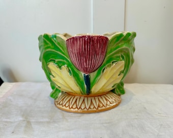 Vintage Art Nouveau Japanese Majolica Tulip Planter – High Relief Ceramic Jardinière Cachepot