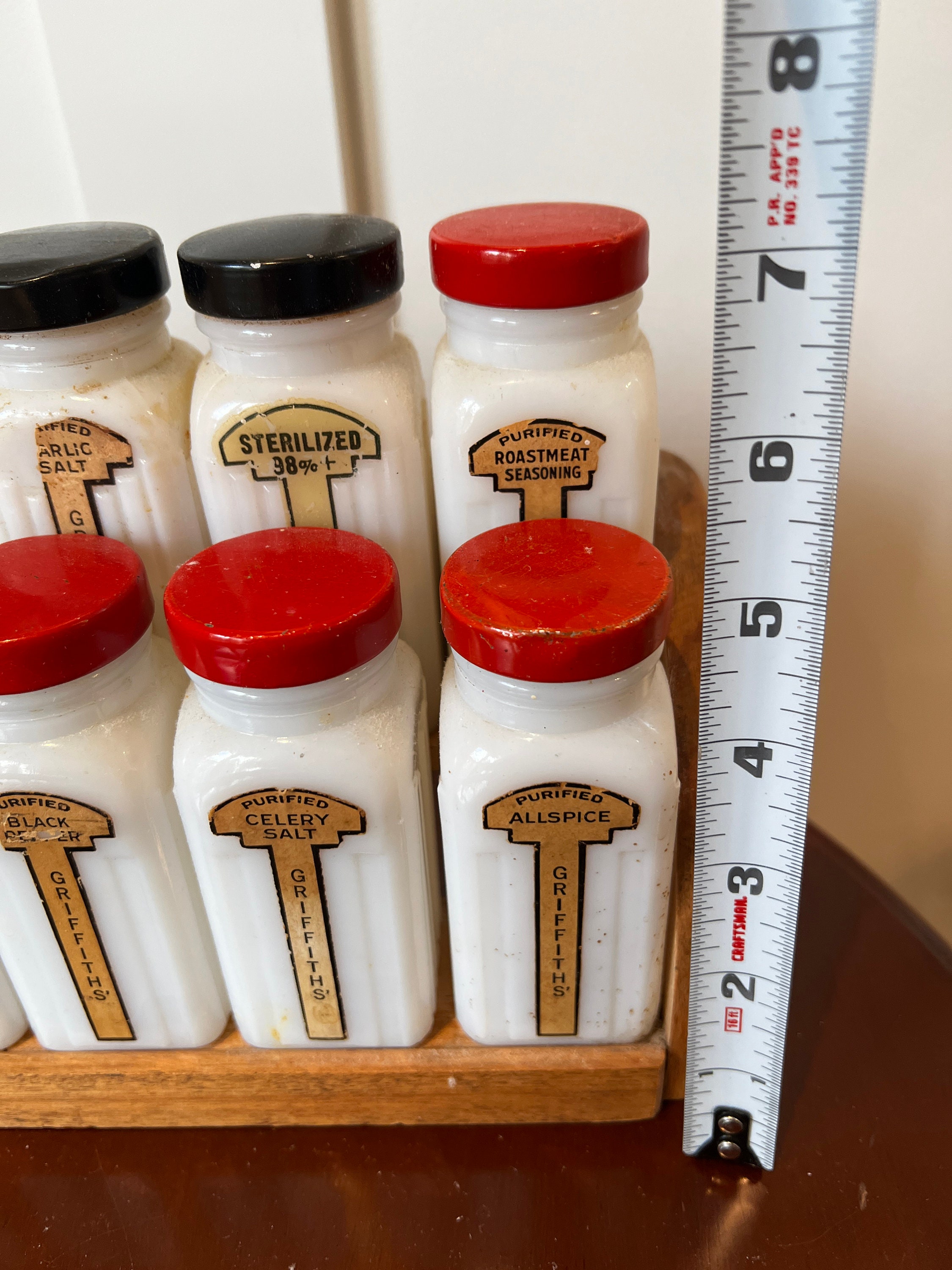 GRIFFITH ストアディスプレイ　スパイスラック　vintage 1950 Vintage Griffith Art Deco Milk Glass Spice Jars and Wood Wall Rack