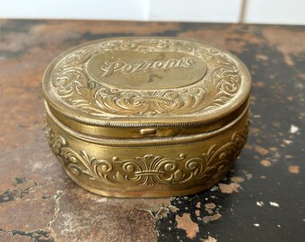 Antique 1912 Pozzonis Complexion Powder Tin | Brass Vanity Trinket Box | Victorian Edwardian Makeup Compact | Ornate Rococo Trinket Box
