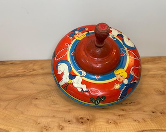 Vintage Ohio Art Tin Toy Spinning Top 9" Cowboy/Girl, Horses, Bryan, Ohio USA | American Tin Toy