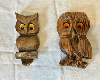 Vintage MCM Wood Owl Wall Hanging • 1970s Cryptomeria Burnt Wood Art • Phil Mar Owl Plaque • Witco Style Retro Tiki Decor • Sold Separately