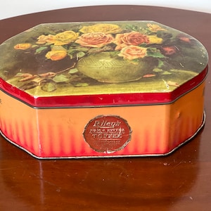 Vintage Riley Brother&#39;s Rose Floral Hinged Rum & Butter Toffee Tin - made in Halifax England with Original Label - Riley&#39;s Toffee Container