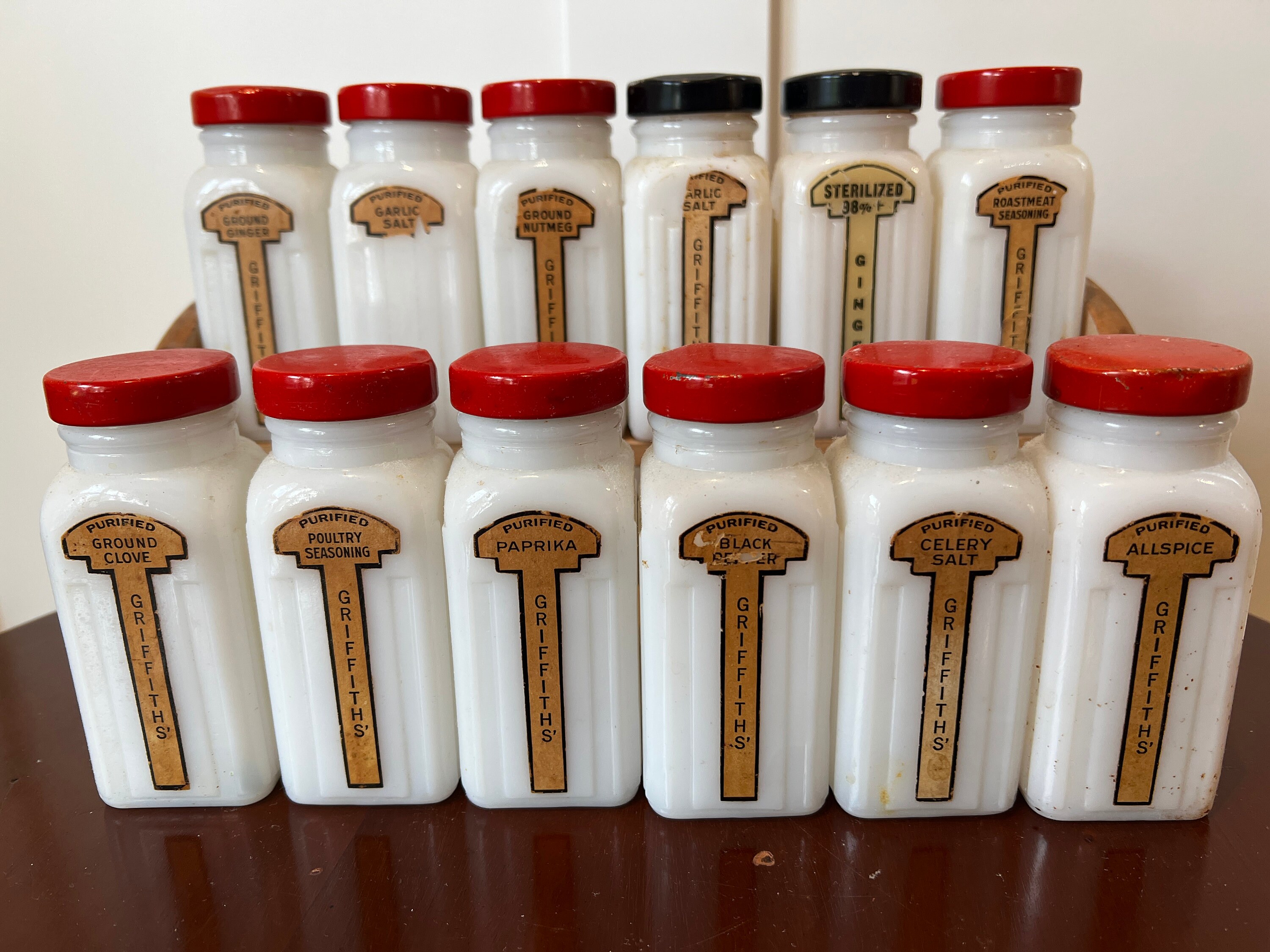 Vintage Griffith Art Deco Milk Glass Spice Jars and Wood Wall Rack
