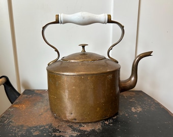 Antique Early 1900s Copper Teapot Kettle with Gooseneck Spout and White Ceramic Handle, French Country Farmhouse Decor