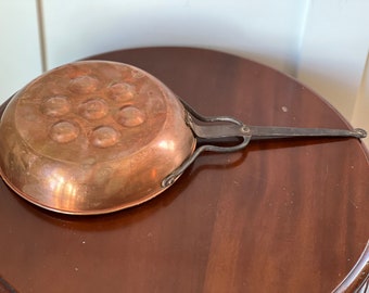 Antique Copper Pan Escargot or Egg Poacher Boiler with Cast Iron Handle French Country Decor