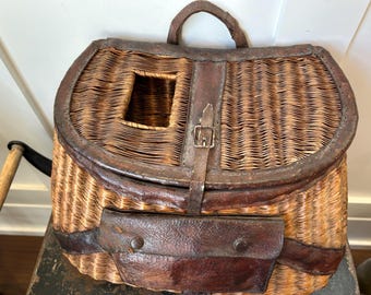 Vintage Wicker and Leather Fishing Creel or Fly-Fishing Basket with Leather Pouch