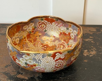 Antique Japanese Satsuma Mille Fleur Bowl | Meiji Period Hand Painted Thousand Flowers Porcelain | Gilt Floral Kutani Style Asian Decor
