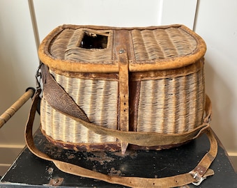 Vintage Wicker and Leather Fishing Creel or Fly-Fishing Basket with Leather Straps and Built-in Tape Measure in Leather - Split Reed Style