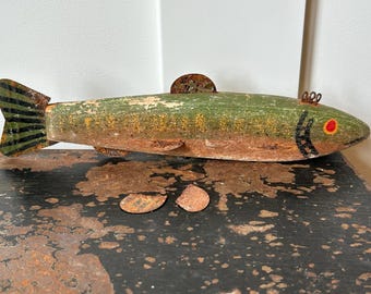 Vintage Hand Carved Wooden Fish Decoy Weighted Ice Fishing Lure - Folk Art Primitive Rustic Cabin Decor