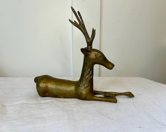 Vintage Brass Deer Figurine,  Brass Stag, Sarreid Style Brass Deer, Reclining Deer Figurine, Holiday Decor
