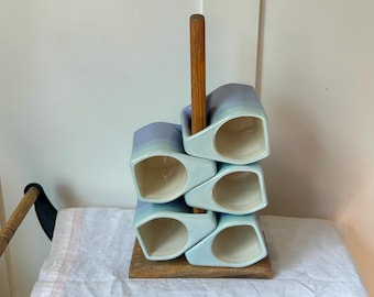 Vintage Rodolfo Padilla Stacking Coffee Mugs Set of 5 with Wood Stand | Mid Century Modern Mexican Art Pottery | Lavender Blue Ombre mugs