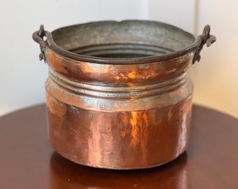 Vintage Tinned Copper Cauldron Kettle or Pot with Wrought Iron Handle