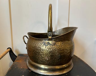 Vintage Hammered Brass Helmet Coal Scuttle - Fireplace Accessory