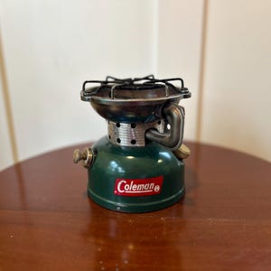 Vintage 1963 Green Coleman 502 Single Burner Camp Stove Cook Kit with Pot and Pan - Backpacking and Hiking Made in USA - Untested