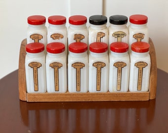 Vintage Griffith Art Deco Milk Glass Spice Jars and Wood Wall Rack Set of 12