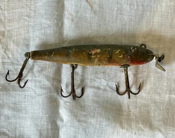 Vintage Creek Chub Pikie Minnow Wooden Lure Perch Color - 3 Hook Weighted Glass Eye Fishing Lure - Antique Collectible Americana