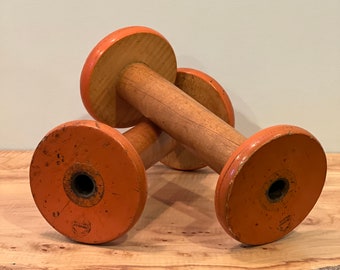 Vintage Industrial Clayton Bradford Orange Wooden Spools Set of 2