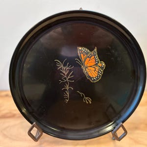 Vintage Round Black Tray with Wood and Brass Monarch Butterfly Inlay by Couroc of Monterey - Couroc Plate - MCM Decor