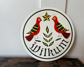 Vintage Zook Pennsylvania Dutch Welcome or Wilkum Round Hex Sign with Colorful Birds 7.75” Wall Hanging - Dutch Decor