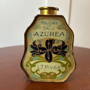 Antique 1920&#39;s L.T. Piver, Paris &quot;Poudre De Talc Azurea&quot; Talcum Powder Tin with Original Contents - Art Nouveau Decor - Collectible Tin