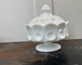 Vintage Westmoreland Milk Glass Candy Dish with Lid, Mid Century Footed Candy Bowl, Scalloped Thumbprint Covered Dish, Cottagecore