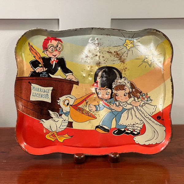 Vintage Retro Ohio Art Litho Cartoon Marriage License Metal Tray