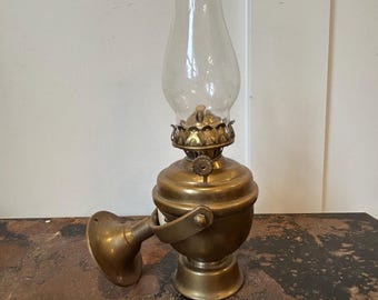 Antique PERKO Brass Gimbal Wall Lamp w/ Glass Hurricane Shade Nautical Marine Kerosene Sconce USA